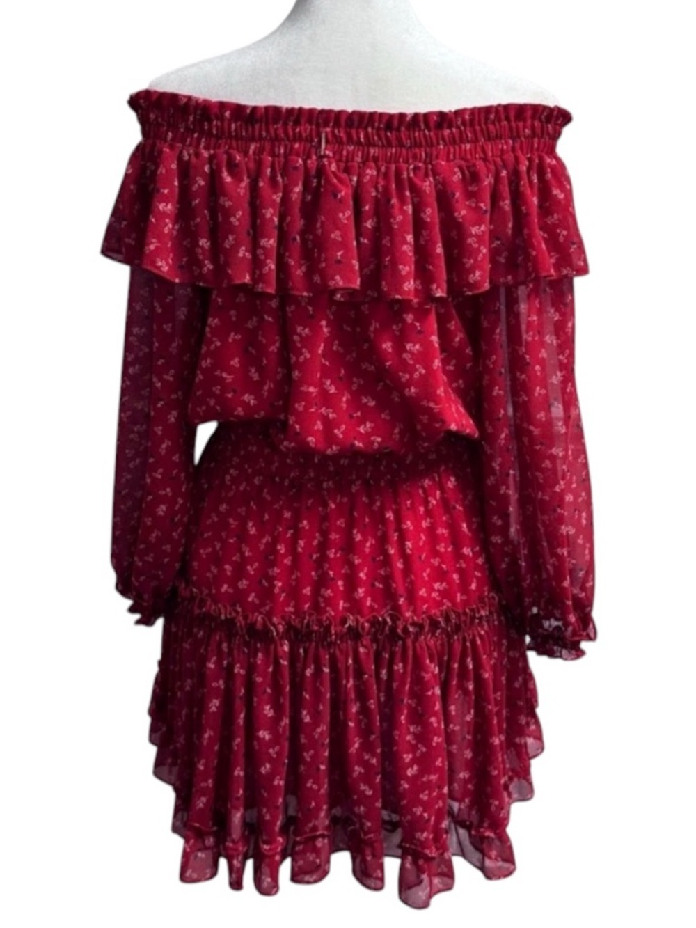 MISA Darla Red Floral Off Shoulder Smocked Ruffle Mini Dress L - Picture 9 of 11